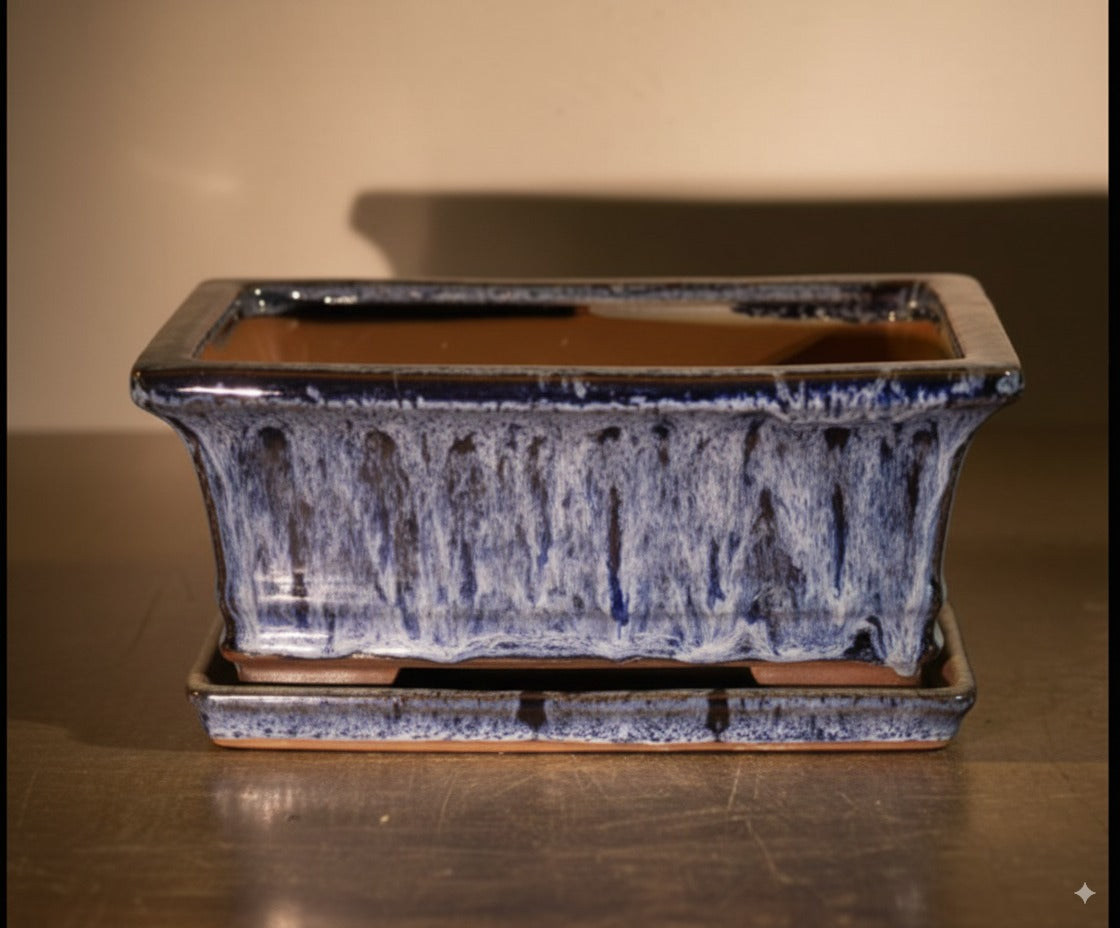 Marble Blue Ceramic Bonsai Pot - Rectangle with Attached Humidity/Drip Tray 8.5" x 6.5" x 3.5"