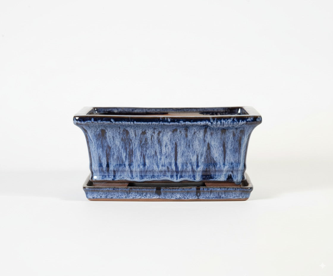 Marble Blue Ceramic Bonsai Pot - Rectangle with Attached Humidity/Drip Tray 8.5" x 6.5" x 3.5"