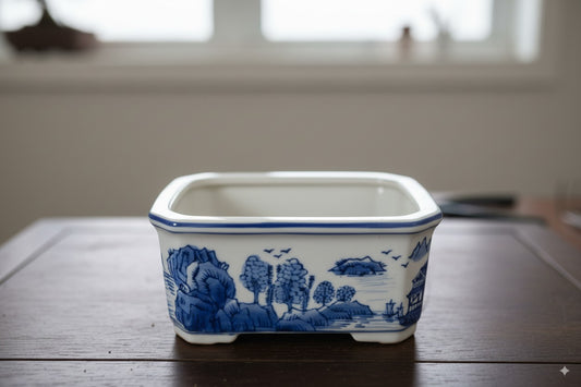 Blue on White Porcelain Bonsai Pot - Rectangle 8.5" x 6.5" x 4"