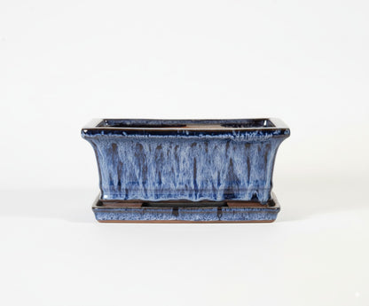 Marble Blue Ceramic Bonsai Pot - Rectangle with Attached Humidity/Drip Tray 8.5" x 6.5" x 3.5"